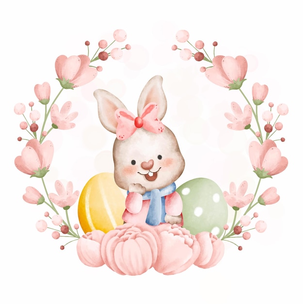 Ilustración acuarela Conejo de Pascua y corona de flores