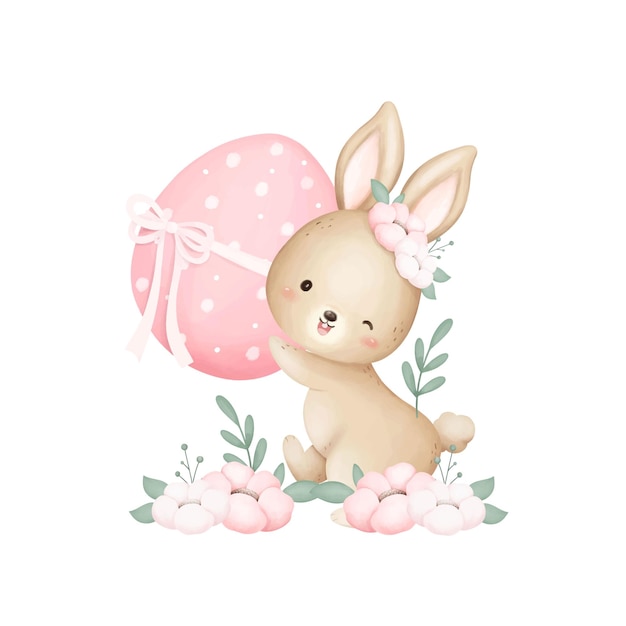 Vector ilustración de acuarela conejo de pascua lindo y huevo de pascua en el jardín con flores