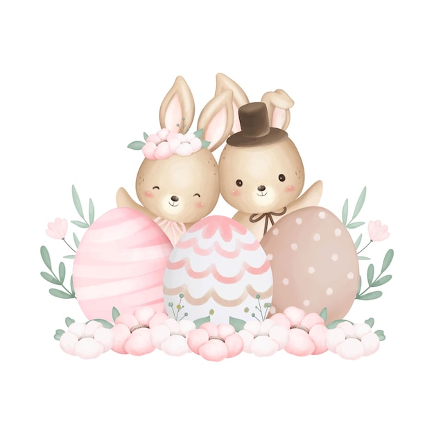 Ilustración de acuarela Conejo de Pascua lindo y huevos de Pascua en el jardín con flores y mariposas