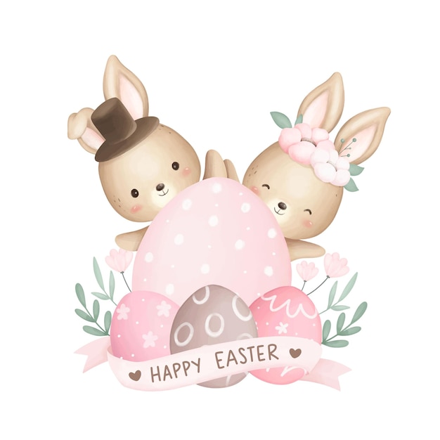 Ilustración de acuarela Conejos de Pascua y huevos de Pascua con flores y una bandera de Feliz Pascua