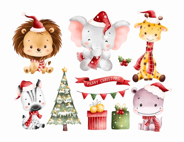Ilustración de acuarela Conjunto de animales de safari y decoraciones navideñas