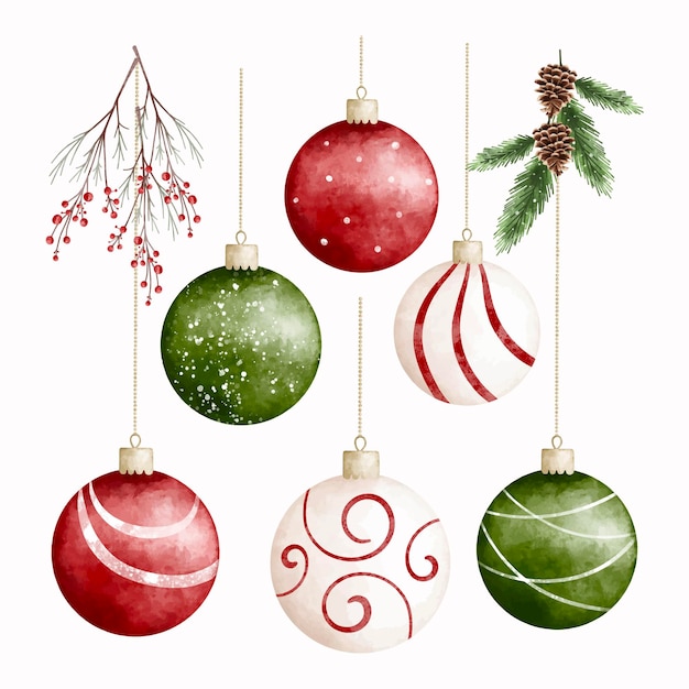 Ilustración de acuarela Conjunto de bola de Navidad