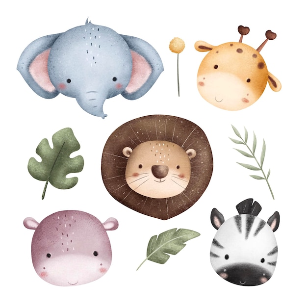 Ilustración de acuarela Conjunto de cabezas de animales de safari y hojas tropicales