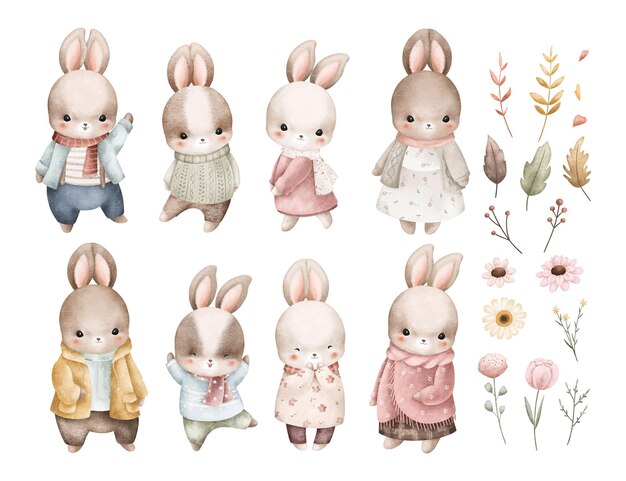 Ilustración de acuarela Conjunto de conejos Caracter y flores