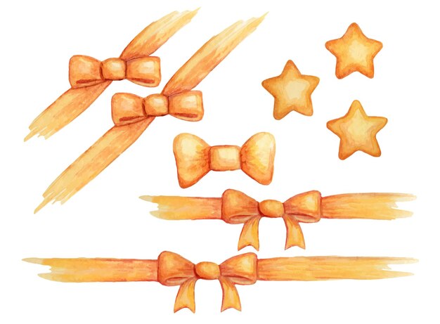 Ilustración de acuarela. Conjunto de elementos amarillos. Arcos y estrellas aisladas sobre fondo blanco.