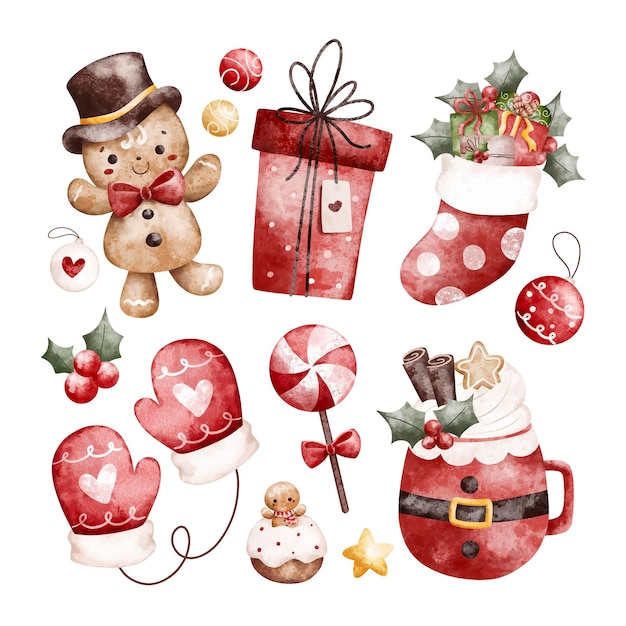 Ilustración de acuarela Conjunto de elementos navideños