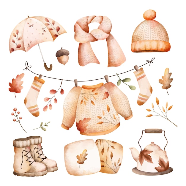 Ilustración de acuarela Conjunto de elementos de otoño Clipart