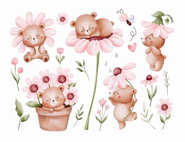 Ilustración de acuarela Conjunto de lindo oso de peluche y flores rosas