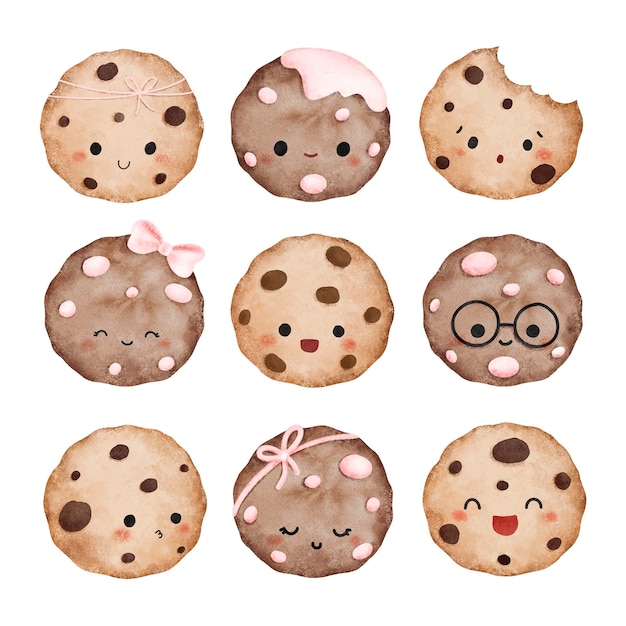Ilustración de acuarela Conjunto de personajes de galletas lindas