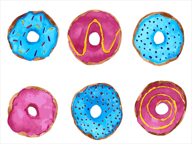 ilustración acuarela de un conjunto de seis donas, tres donas glaseadas azules y tres glaseadas rosas