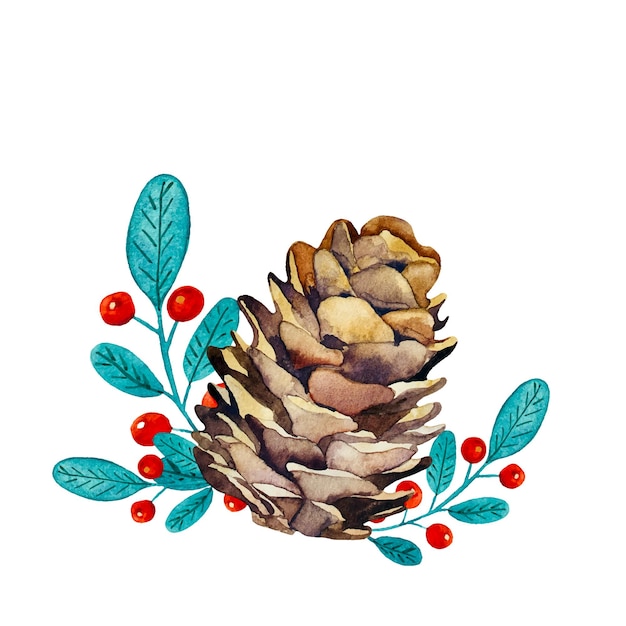 Vector ilustración de acuarela con un cono de árbol de navidad y ramas azules con frutos rojos aislados