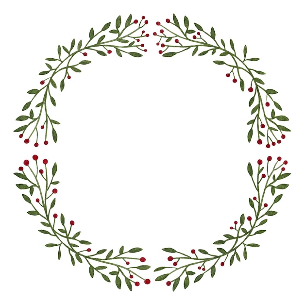 Ilustración acuarela de una corona navideña con bayas de acebo con lugar para texto