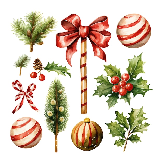 Ilustración acuarela de decoraciones de elementos navideños.