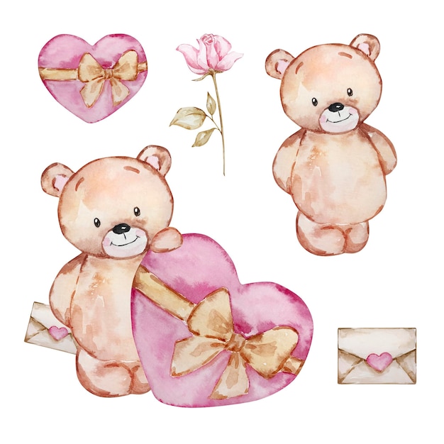 Ilustración acuarela Día de San Valentín lindo oso de peluche