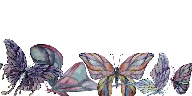 Ilustración de acuarela dibujada a mano alas de hadas mariposa gemas cristal insecto polilla ametista esmeralda fluorita piedra de la luna borde sin costura aislado fondo blanco diseño imprenta tienda de bodas cumpleaños