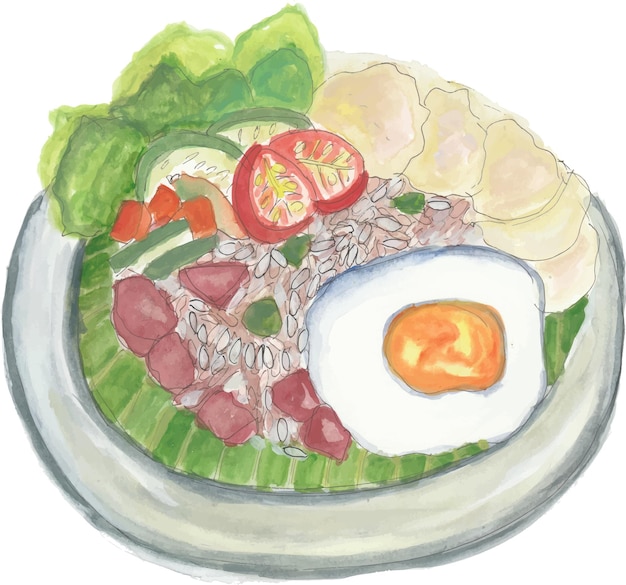 Ilustración de acuarela dibujada a mano con arroz frito y huevo soleado