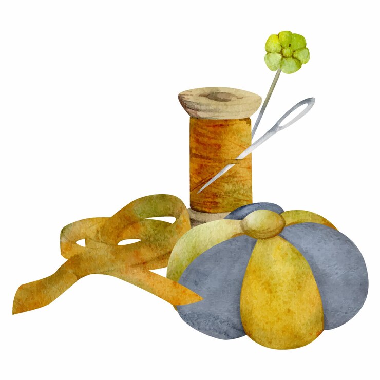 Vector ilustración de acuarela dibujada a mano artesanía de costura suministros de bordado carrete de hilo de madera alfiler de bobina