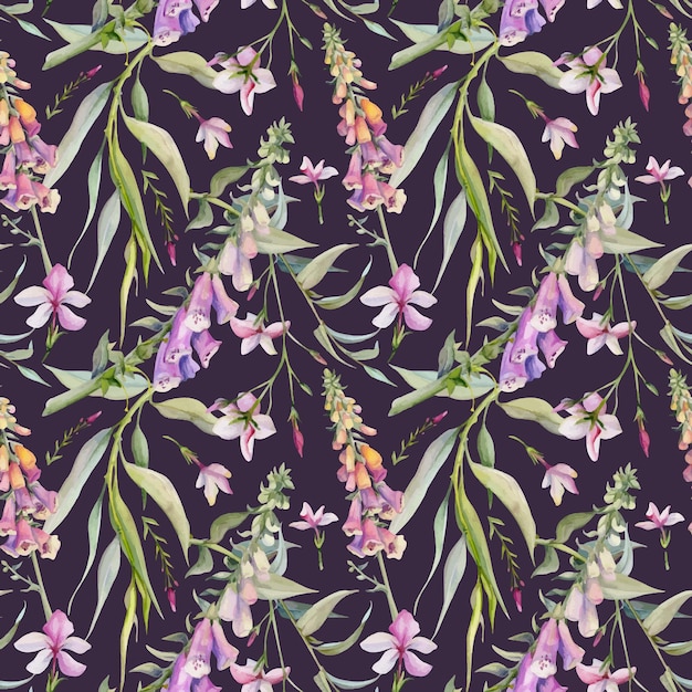 Ilustración de acuarela dibujada a mano de flores botánicas de boho hojas de uña de zorro snapdragon lupino sauce
