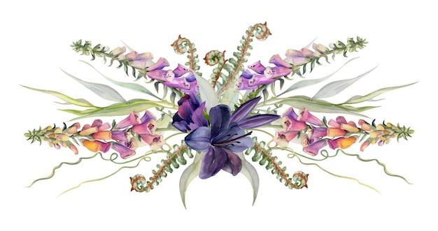 Ilustración de acuarela dibujada a mano de flores botánicas hojas de lirio clivia amaryllis pulgar de zorro