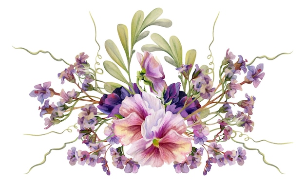 Ilustración de acuarela dibujada a mano flores botánicas victorianas hojas malva pansy viola langosta