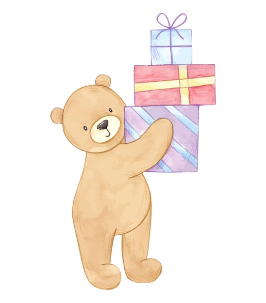 Vector ilustración acuarela dibujada a mano de un lindo oso de peluche con regalos