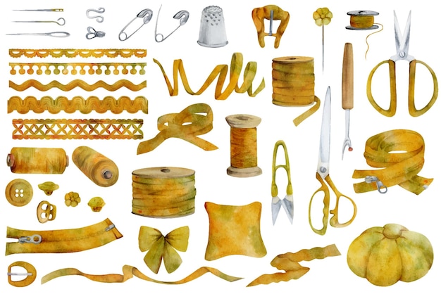 Ilustración de acuarela dibujada a mano suministros de artesanía de costura tijeras hilo de cinta bobinas de encaje