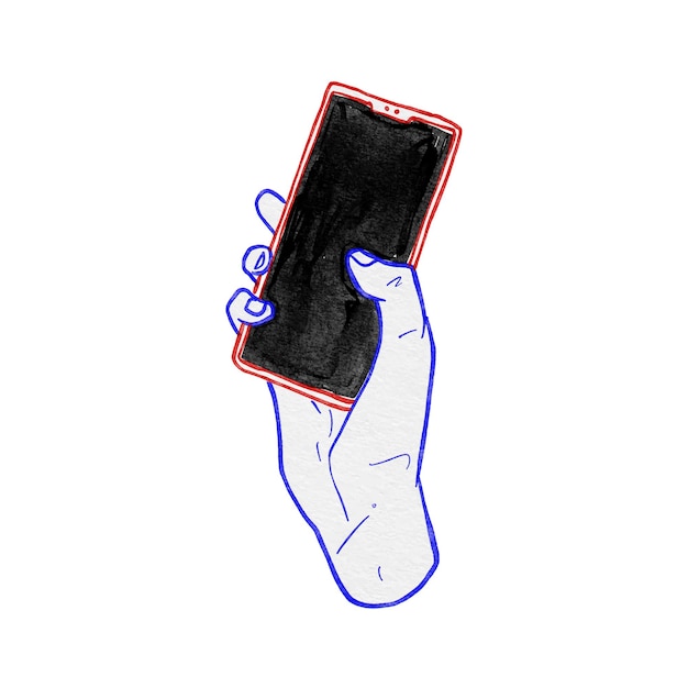 Ilustración de acuarela dibujada a mano usando un teléfono inteligente para navegar en las redes sociales