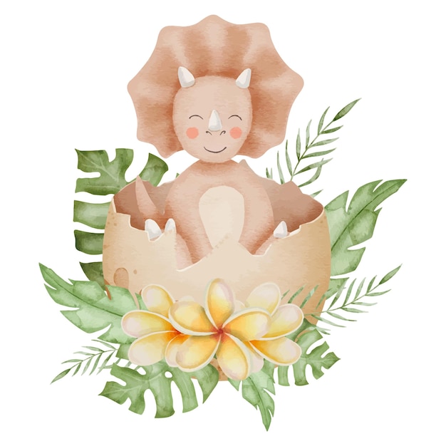 Vector ilustración de acuarela de dinosaurio recién nacido dino lindo eclosionando de un huevo con flores dibujado a mano en un fondo aislado pintura de animal de estilo infantil imprime en camisetas o invitaciones de baby shower