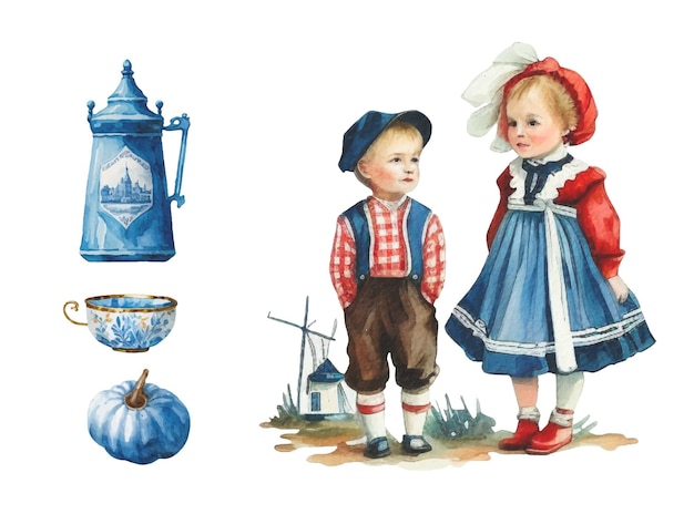 Ilustración acuarela de dos niños vestidos con ropa tradicional holandesa en un objeto azul de delft de campo