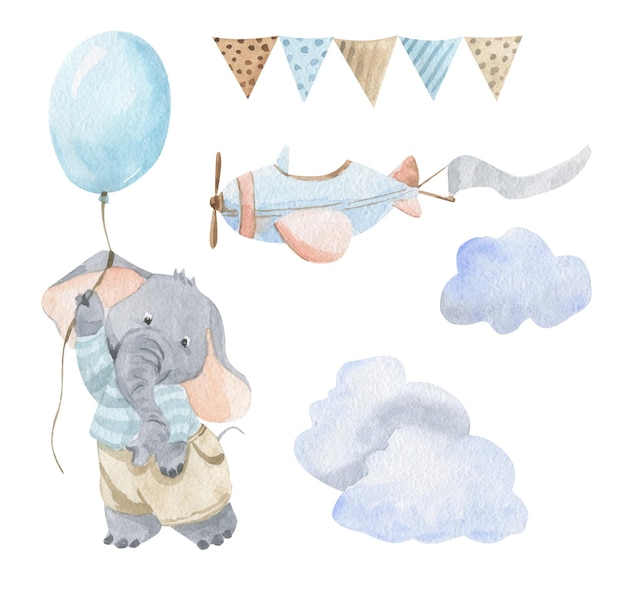 Ilustración acuarela de un elefante con un globo en sus manos un avión nubes y banderas