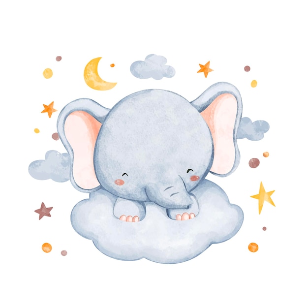 Ilustración acuarela elefante y nube con estrellas y luna