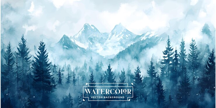 Ilustración en acuarela de una escena de bosque de montaña brumosa tonos azules profundos y picos cubiertos de nieve