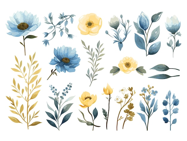 Ilustración en acuarela de flores azules y amarillas con hojas