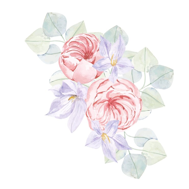 Ilustración de acuarela con flores muy peri y rosas y hojas rosadas