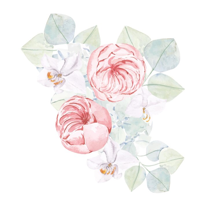 Ilustración de acuarela con flores muy peri y rosas y hojas rosadas