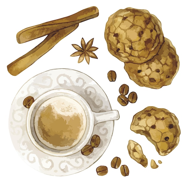 Vector ilustración acuarela con galletas de café y canela aislado sobre fondo blanco.