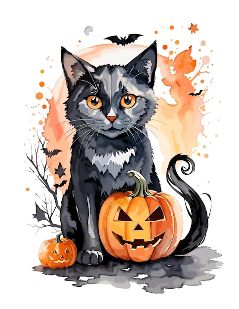 ilustración acuarela de gato y calabaza de halloween