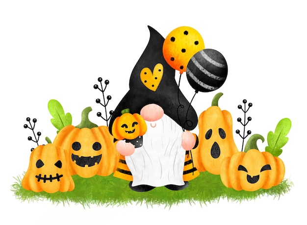 Ilustración acuarela gnomo de halloween y calabazas