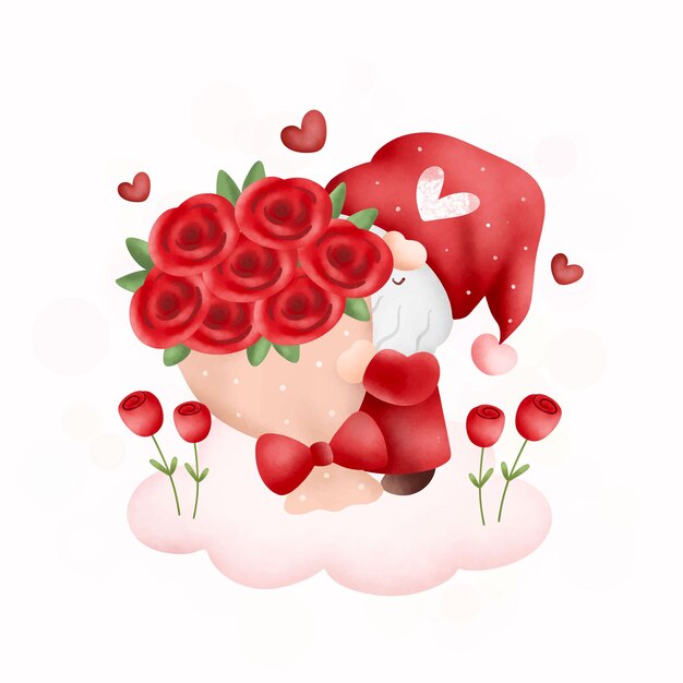 Ilustración en acuarela de los gnomos de San Valentín y el ramo de rosas