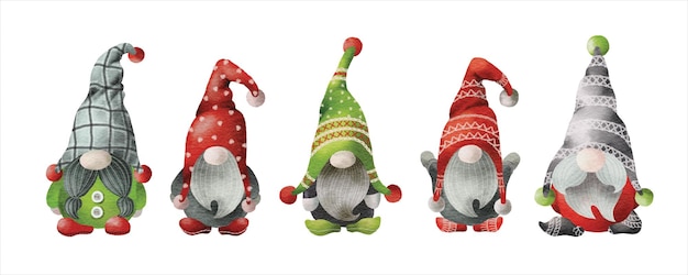 Ilustración en acuarela de gnomos verdes y rojos de Navidad