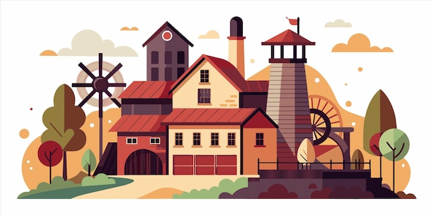 Vector una ilustración en acuarela de una granja con un molino de viento en el fondo