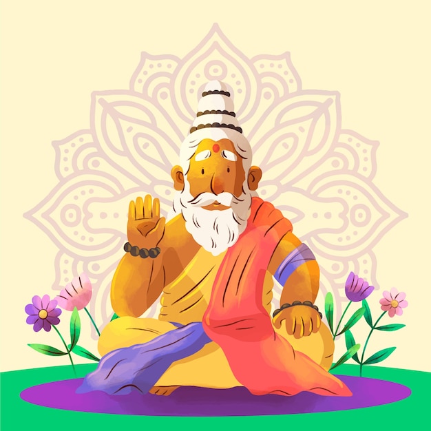 Ilustración de acuarela guru purnima con monje barbudo y flores