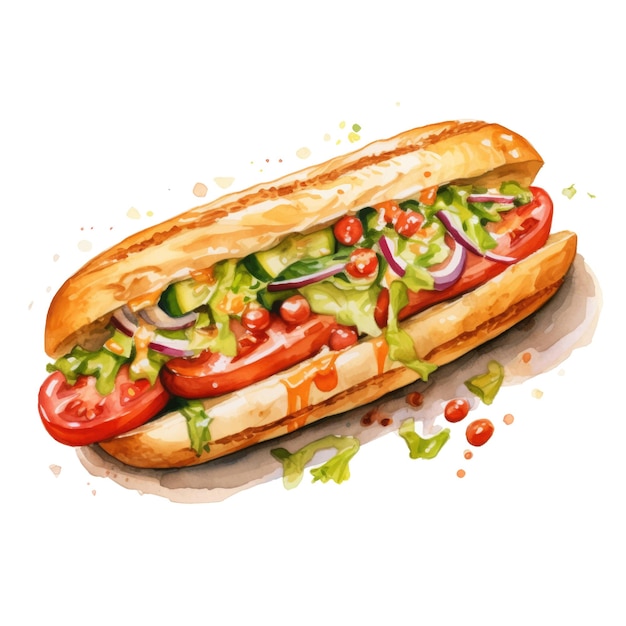 Ilustración acuarela de hot dog con tomate, cebolla y lechuga