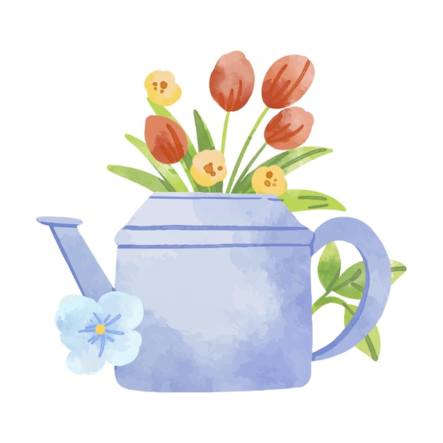 Ilustración en acuarela de un jarro de riego lleno de flores