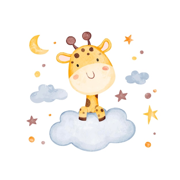 Ilustración acuarela jirafa y nube con estrellas y luna