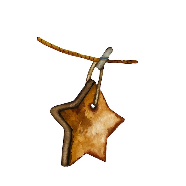 ilustración acuarela de un juguete navideño en una cuerda. estrella de madera estrella de juguete