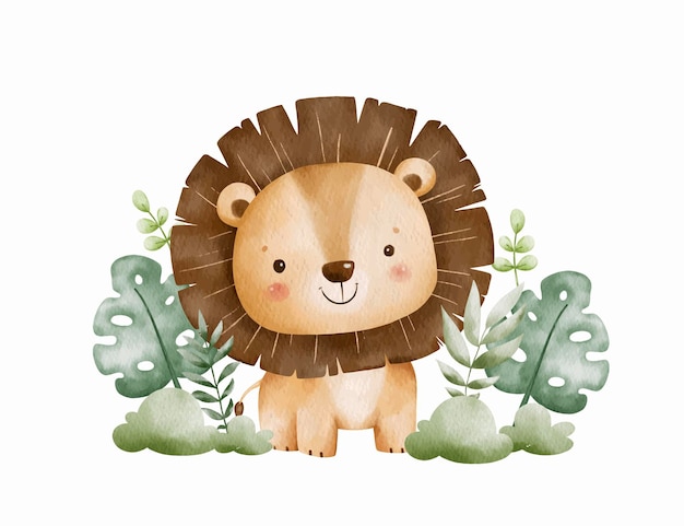 Ilustración de acuarela León y hojas tropicales
