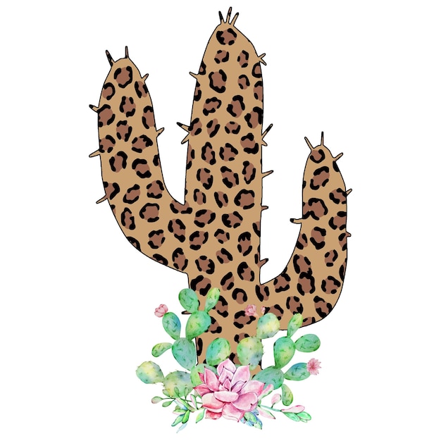 Ilustración acuarela de leopardo de cactus