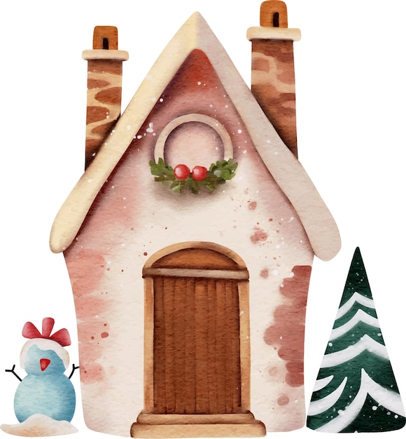 Ilustración de acuarela linda para la casa de pan de jengibre de Navidad con decoraciones para la casa de Navidad