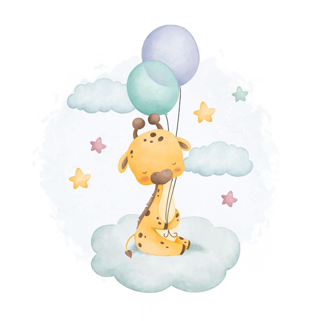 Ilustración acuarela linda jirafa duerme en la nube con estrellas y globos